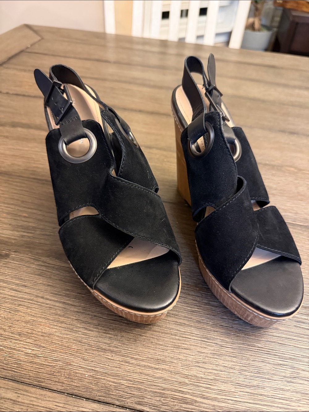 BCBGeneration Black Suede Slingback Platform Wedge Sandals - Picture 2 of 11